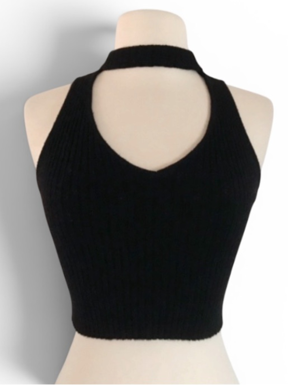 AEO DON’T ASK WHY Ribbed Stretch Halter Crop Top OS Black - Picture 2 of 10